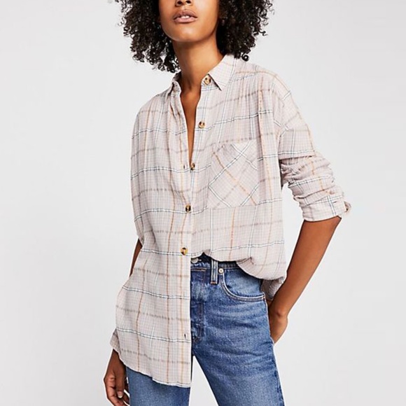 Free People Plaid Pale Pink Buttondown Shirt - m - Picture 2 of 6